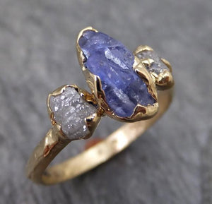 Raw Sapphire Diamond Gold Engagement Ring Wedding Ring Custom One Of a Kind Purple Perwinkle Violet Gemstone Ring Three stone - by Angeline