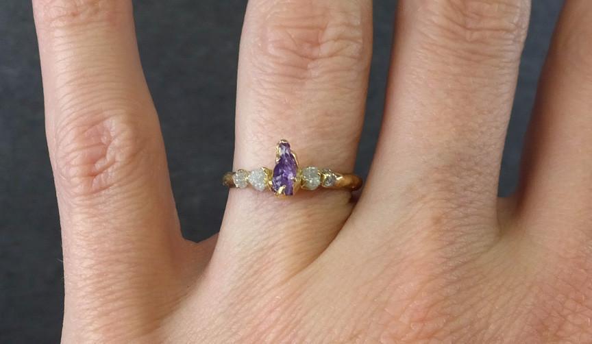Raw Sapphire Diamond 18k yellow Gold Engagement Ring Multi stone Wedding Ring Custom One Of a Kind Purple Gemstone Ring Three stone Ring 0046 - by Angeline