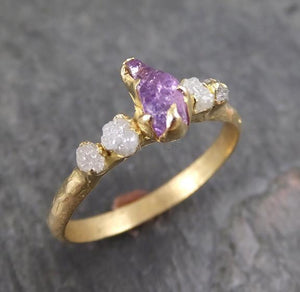 Raw Sapphire Diamond 18k yellow Gold Engagement Ring Multi stone Wedding Ring Custom One Of a Kind Purple Gemstone Ring Three stone Ring 0046 - by Angeline