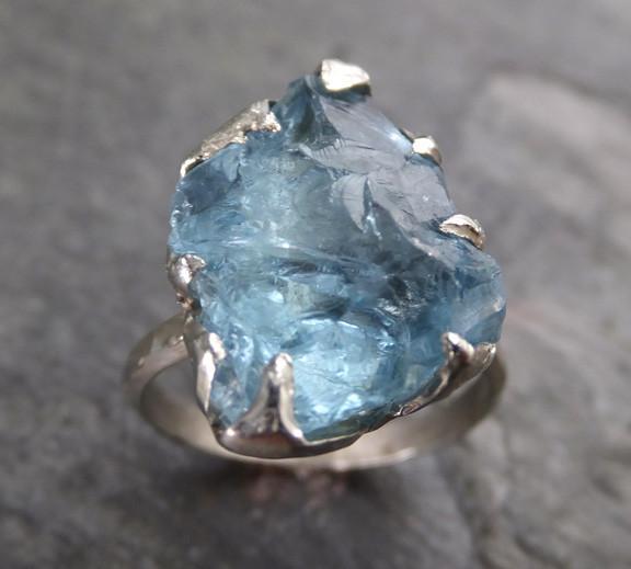 Raw Uncut Aquamarine Ring Solid 14K White Gold Ring wedding engagement Rough Gemstone Ring Statement Ring Stacking Birthstone Ring - by Angeline