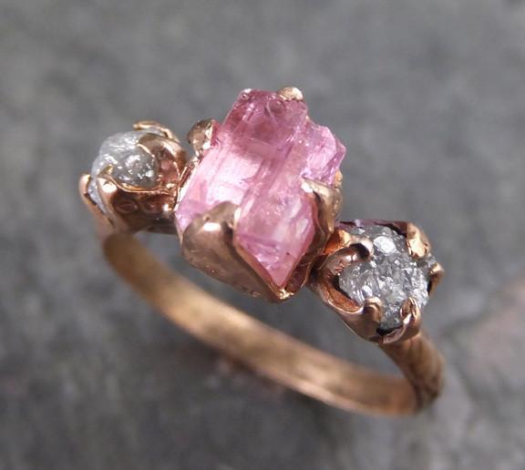 Raw Rough Pink Topaz Diamond 14k Gold Engagement Ring Wedding Ring One Of a Kind Gemstone Ring Three stone Ring - by Angeline