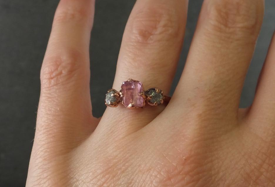 Raw Rough Pink Topaz Diamond 14k Gold Engagement Ring Wedding Ring One Of a Kind Gemstone Ring Three stone Ring - by Angeline