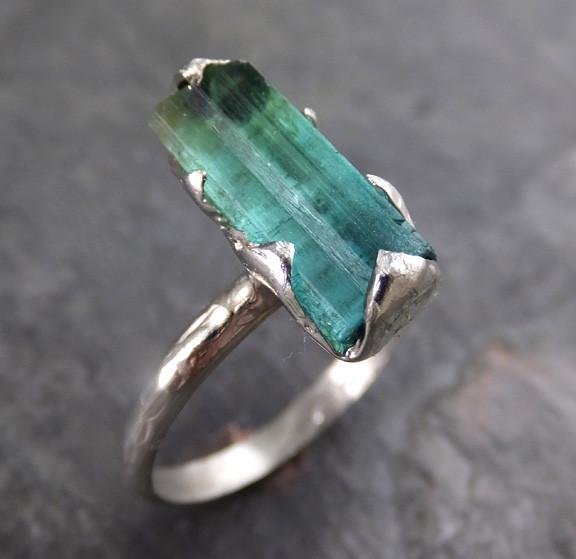 Raw Blue Green Tourmaline White Gold Ring Rough Uncut Gemstone Promise Engagement recycled 14k stacking cocktail statement 0011 - by Angeline