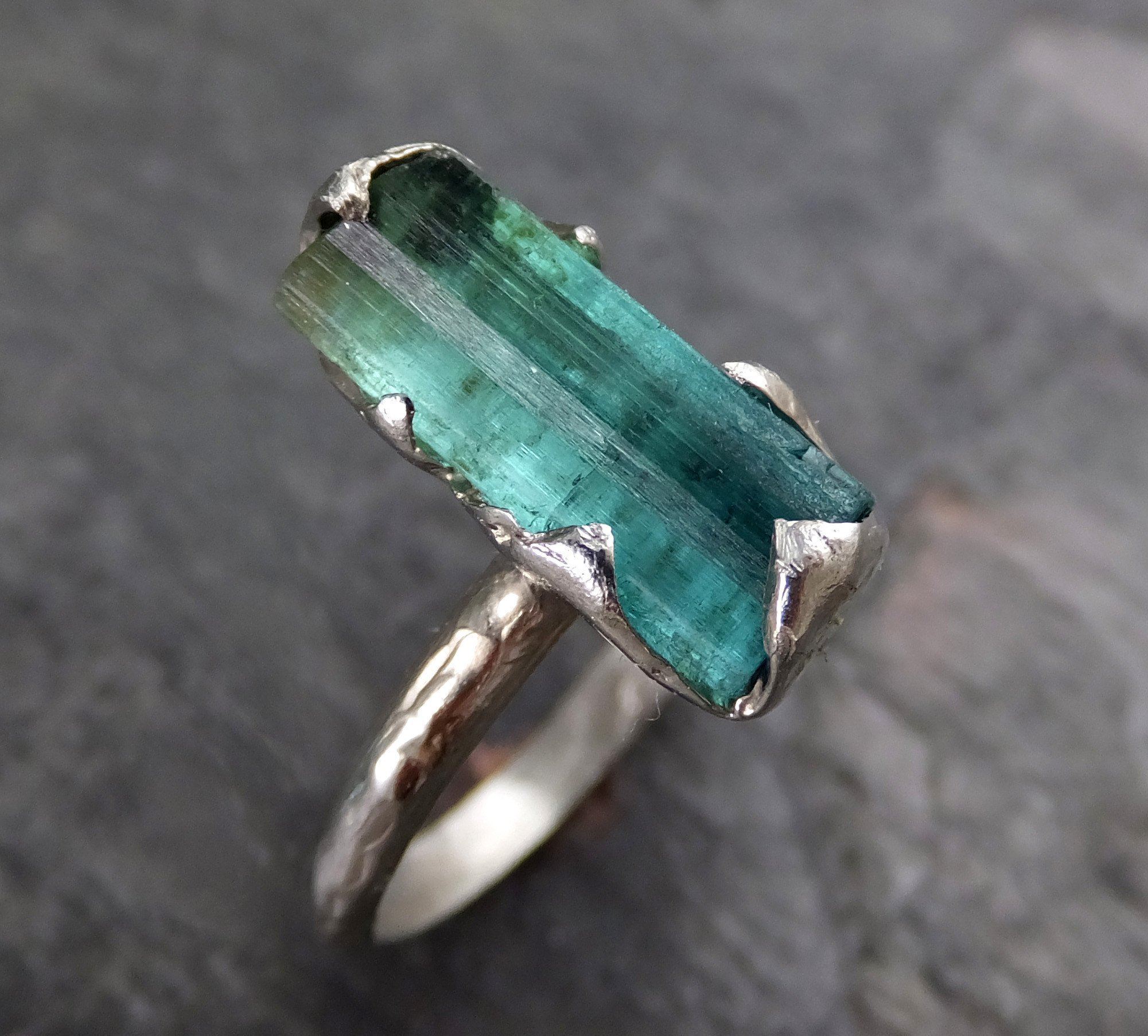 Raw Blue Green Tourmaline White Gold Ring Rough Uncut Gemstone Promise Engagement recycled 14k stacking cocktail statement 0011 - by Angeline