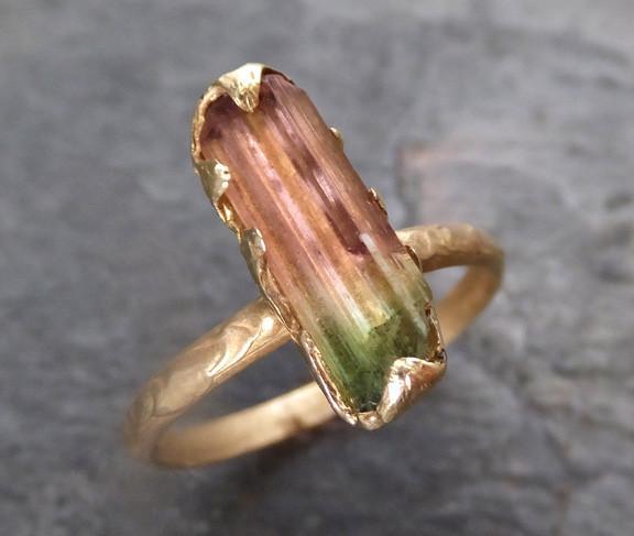 Raw Bi Color Pink Green Tourmaline 14k yellow Gold Engagement Ring One Of a Kind Gemstone Ring - by Angeline