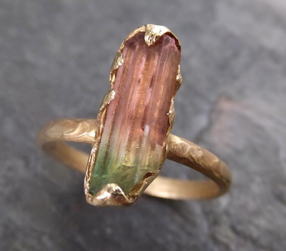 Raw Bi Color Pink Green Tourmaline 14k yellow Gold Engagement Ring One Of a Kind Gemstone Ring - by Angeline