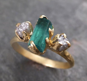 Raw blue green Indicolite Tourmaline Diamond Gold Engagement Engagement Wedding Ring One Of a Kind Gemstone Three stone Ring - by Angeline