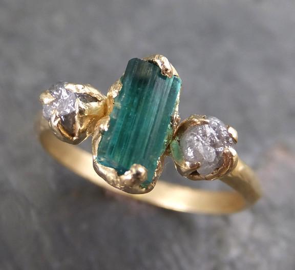 Raw blue green Indicolite Tourmaline Diamond Gold Engagement Engagement Wedding Ring One Of a Kind Gemstone Three stone Ring - by Angeline
