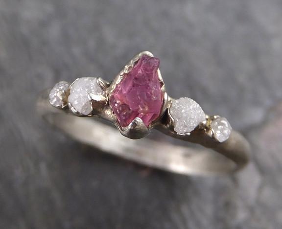 Raw Sapphire Diamond White Gold Engagement Ring Multi stone Wedding Ring Custom One Of a Kind Hot Pink Gemstone Ring Three stone Ring 0067 - by Angeline