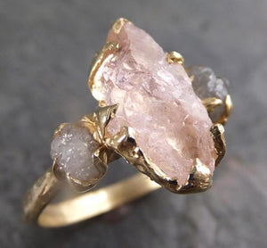Raw Morganite Diamond Gold Engagement Ring Wedding Ring Custom One Of a Kind Gemstone Conflict Free Three stone Ring - by Angeline