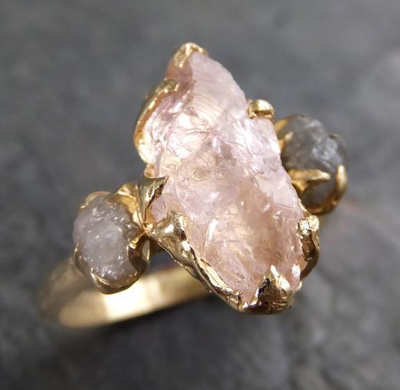 Raw Morganite Diamond Gold Engagement Ring Wedding Ring Custom One Of a Kind Gemstone Conflict Free Three stone Ring - by Angeline