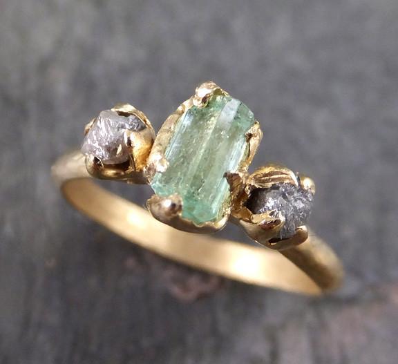 Raw Sea Mint green Tourmaline Diamond Gold Multi stone Engagement Wedding Ring One Of a Kind Gemstone Three stone Ring 0075 - by Angeline