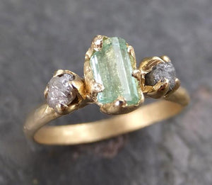 Raw Sea Mint green Tourmaline Diamond Gold Multi stone Engagement Wedding Ring One Of a Kind Gemstone Three stone Ring 0075 - by Angeline