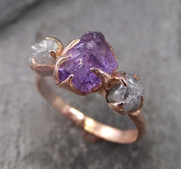 Raw Amethyst Diamond Rose Gold Engagement Ring Wedding Custom One Of a Kind Purple Gemstone Ring Birthstone Three stone Ring - Gemstone ring by Angeline