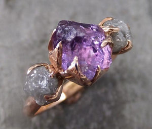Raw Amethyst Diamond Rose Gold Engagement Ring Wedding Custom One Of a Kind Purple Gemstone Ring Birthstone Three stone Ring - Gemstone ring by Angeline