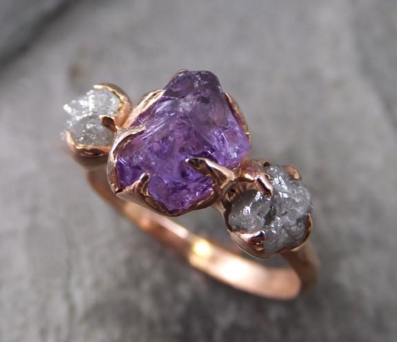 Raw Amethyst Diamond Rose Gold Engagement Ring Wedding Custom One Of a Kind Purple Gemstone Ring Birthstone Three stone Ring - by Angeline