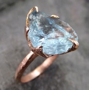 Raw Uncut Aquamarine Ring Solid 14K Rose Gold Ring wedding engagement Rough Gemstone Ring Statement Ring Stacking - by Angeline