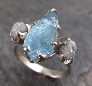 Aquamarine Diamond White Gold Engagement Ring Wedding Raw Uncut Custom One Of a Kind Gemstone Ring Bespoke Three stone - by Angeline