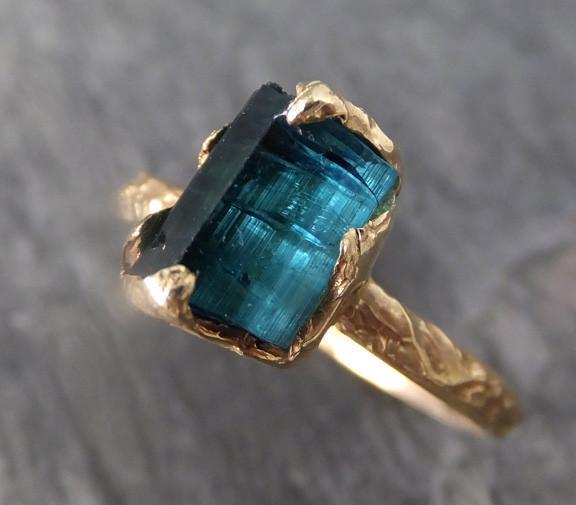 Raw Blue Tourmaline Indicolite Gold Ring Rough Uncut Gemstone tourmaline recycled 14k stacking cocktail statement - by Angeline