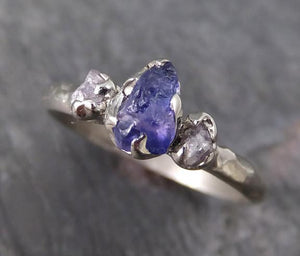 Raw Sapphire Pink Diamond White Gold Engagement Ring Wedding Ring Custom One Of a Kind Violet Gemstone Ring Three stone Ring 0098 - by Angeline