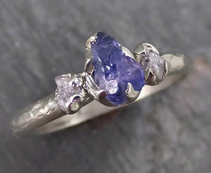 Raw Sapphire Pink Diamond White Gold Engagement Ring Wedding Ring Custom One Of a Kind Violet Gemstone Ring Three stone Ring 0098 - by Angeline