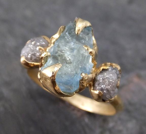 Raw Uncut Aquamarine Diamond Gold Engagement Ring Wedding Ring Custom One Of a Kind Gemstone Ring Bespoke Three stone Ring - by Angeline