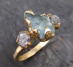 Raw Uncut Aquamarine Diamond Gold Engagement Ring Wedding Ring Custom One Of a Kind Gemstone Ring Bespoke Three stone Ring - by Angeline