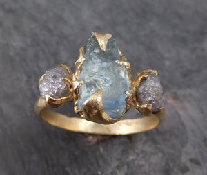 Raw Uncut Aquamarine Diamond Gold Engagement Ring Wedding Ring Custom One Of a Kind Gemstone Ring Bespoke Three stone Ring - by Angeline