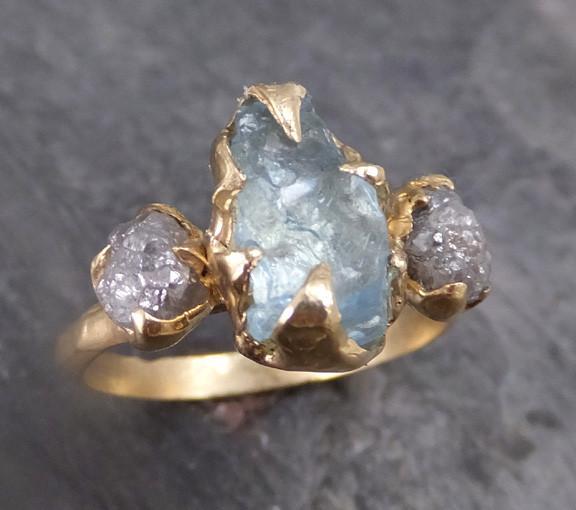 Raw Uncut Aquamarine Diamond Gold Engagement Ring Wedding Ring Custom One Of a Kind Gemstone Ring Bespoke Three stone Ring - by Angeline