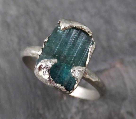 Raw Blue Green Tourmaline Indicolite Gold Ring Rough Uncut Gemstone tourmaline recycled 14k white gold stacking statement ring - by Angeline