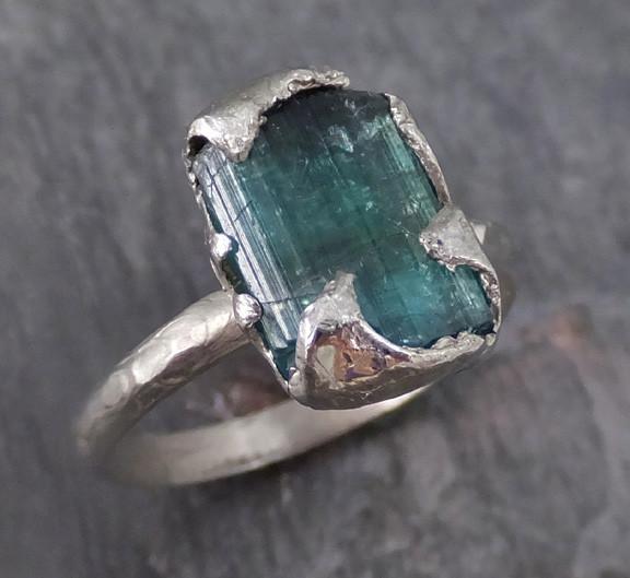 Raw Blue Green Tourmaline Indicolite Gold Ring Rough Uncut Gemstone tourmaline recycled 14k white gold stacking statement ring - by Angeline