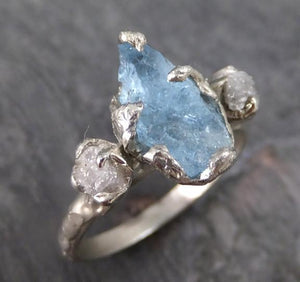 Aquamarine Diamond White Gold Engagement Ring Wedding Raw Uncut Custom One Of a Kind Gemstone Ring Bespoke Three stone Ring - by Angeline