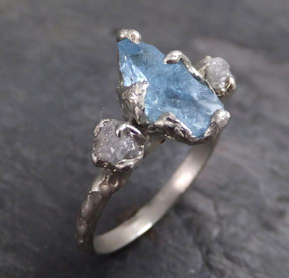 Aquamarine Diamond White Gold Engagement Ring Wedding Raw Uncut Custom One Of a Kind Gemstone Ring Bespoke Three stone Ring - by Angeline