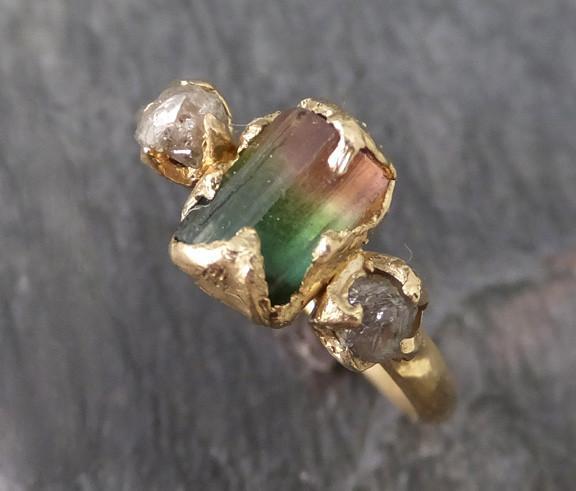 Raw Bi Color Pink Green Watermelon Tourmaline Diamond 14k Gold Engagement Ring Wedding One Of a Kind Gemstone Three stone Ring - by Angeline