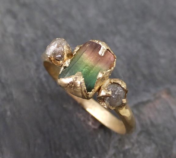 Raw Bi Color Pink Green Watermelon Tourmaline Diamond 14k Gold Engagement Ring Wedding One Of a Kind Gemstone Three stone Ring - by Angeline