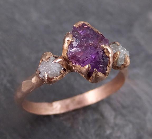 Raw Sapphire Diamond Gold Engagement Ring Wedding Ring Custom One Of a Kind Purple Gemstone Ring Three stone Ring 0111 - by Angeline