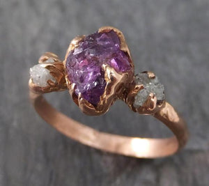 Raw Sapphire Diamond Gold Engagement Ring Wedding Ring Custom One Of a Kind Purple Gemstone Ring Three stone Ring 0111 - by Angeline