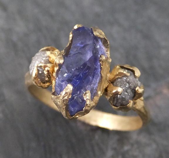 Raw Diamond Tanzanite Crystal Gemstone 14k Ring Multi stone Wedding Ring One Of a Kind Three stone Ring 0112 - by Angeline