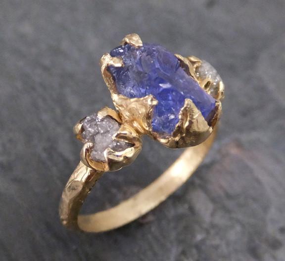 Raw Diamond Tanzanite Crystal Gemstone 14k Ring Multi stone Wedding Ring One Of a Kind Three stone Ring 0112 - by Angeline