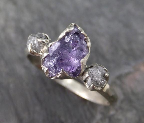 Raw Sapphire Diamond White Gold Engagement Ring Wedding Ring One Of a Kind Violet Purple Gemstone Lavender Three stone Ring - by Angeline