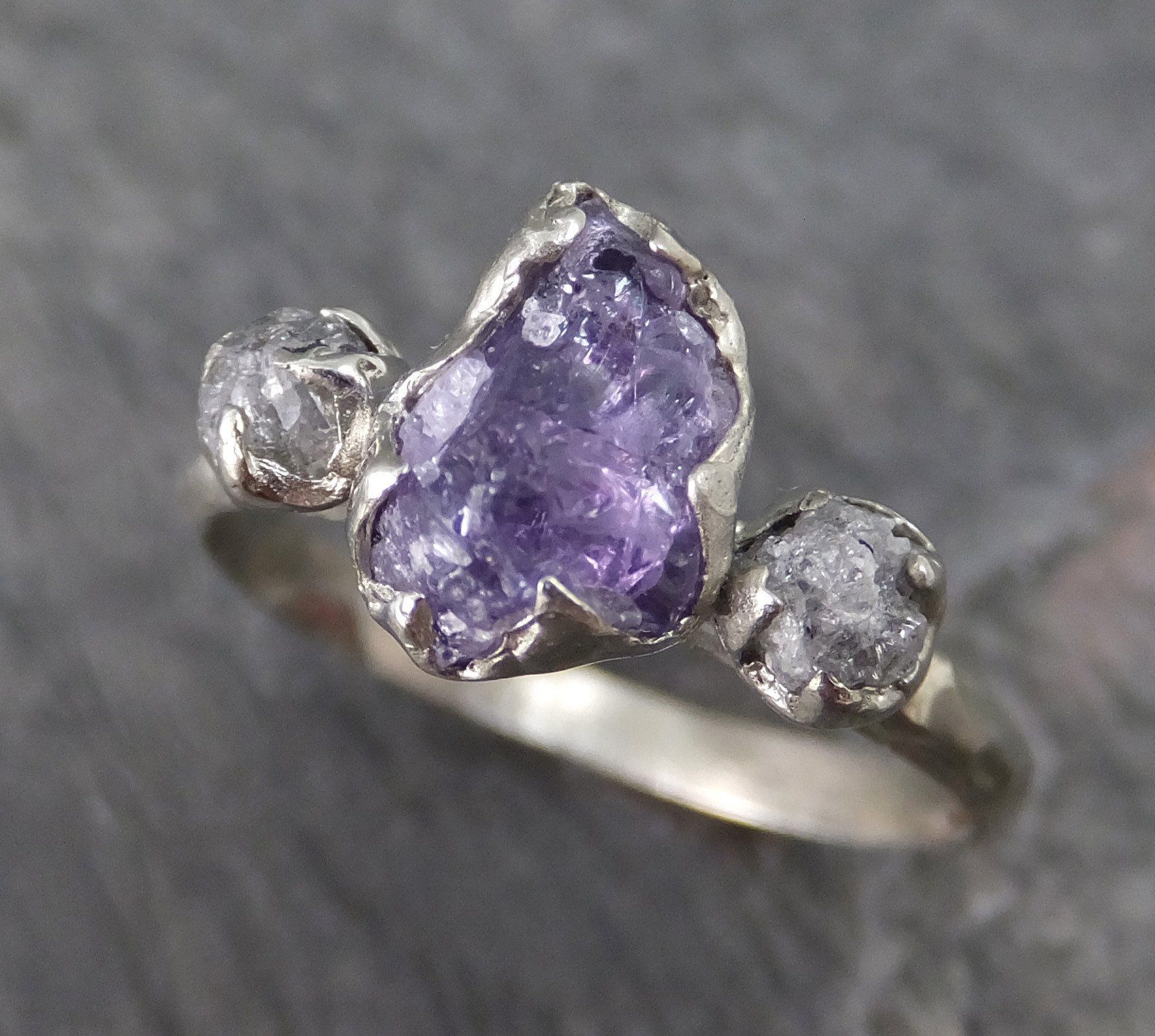 Raw Sapphire Diamond White Gold Engagement Ring Wedding Ring One Of a Kind Violet Purple Gemstone Lavender Three stone Ring - by Angeline
