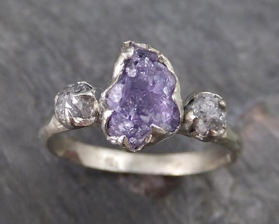 Raw Sapphire Diamond White Gold Engagement Ring Wedding Ring One Of a Kind Violet Purple Gemstone Lavender Three stone Ring - by Angeline