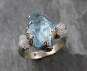 Raw Uncut Aquamarine Diamond white 14k Gold Engagement Ring Wedding Ring Custom One Of a Kind Gemstone Ring Multi stone Ring 0844 - Gemstone ring by Angeline
