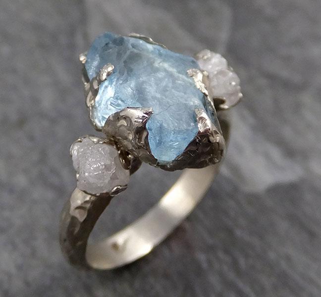 Raw Uncut Aquamarine Diamond white 14k Gold Engagement Ring Wedding Ring Custom One Of a Kind Gemstone Ring Multi stone Ring 0844 - Gemstone ring by Angeline