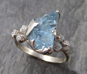 Raw Uncut Aquamarine Diamond white 14k Gold Engagement Ring Wedding Ring Custom One Of a Kind Gemstone Ring Multi stone Ring 0845 - Gemstone ring by Angeline