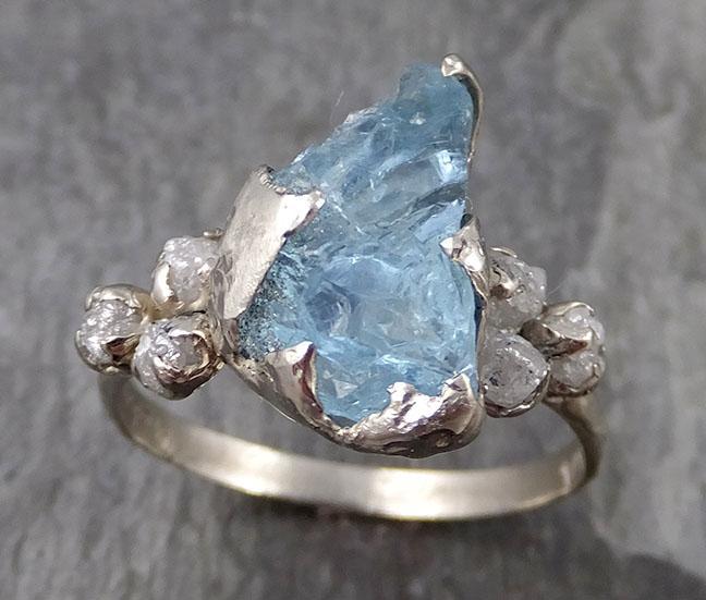Raw Uncut Aquamarine Diamond white 14k Gold Engagement Ring Wedding Ring Custom One Of a Kind Gemstone Ring Multi stone Ring 0845 - Gemstone ring by Angeline