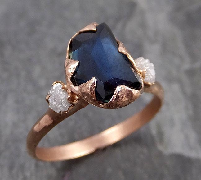 Partially Faceted Sapphire Raw Multi stone Rough Diamond 14k Gold Engagement Ring Wedding Ring Custom One Of a Kind Gemstone Ring Three stone 0851 - Gemstone ring by Angeline