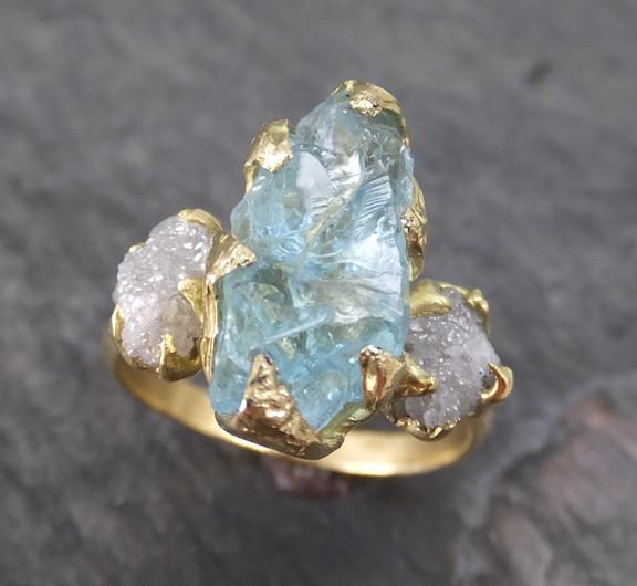 Raw Uncut Aquamarine Diamond Gold Engagement Ring Wedding 18k Ring Custom One Of a Kind Gemstone Bespoke Three stone Ring - Gemstone ring by Angeline