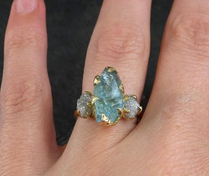 Raw Uncut Aquamarine Diamond Gold Engagement Ring Wedding 18k Ring Custom One Of a Kind Gemstone Bespoke Three stone Ring - Gemstone ring by Angeline