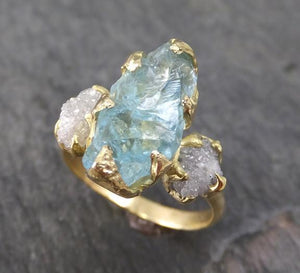 Raw Uncut Aquamarine Diamond Gold Engagement Ring Wedding 18k Ring Custom One Of a Kind Gemstone Bespoke Three stone Ring - by Angeline